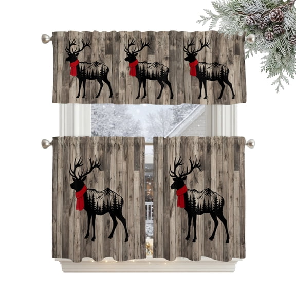 Christmas Elk Kitchen Curtains Set for Windows, Mountain Forest Deer Silhouette Timber Board Curtains Valance and Tier 3 Piece Set Small Drapes 36 Inch Length for Kitchen Bedroom Decor