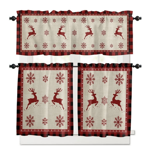 Christmas Elk Kitchen Curtains and Valances Set, Snowflake Red Black Buffalo Plaid Rod Pocket Window Valance 18 Inch Window Curtain Panels for Living Room Bedroom Laundry, 27.5x24in, 3 Pieces
