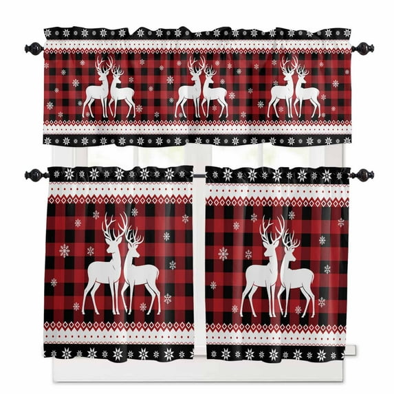 Christmas Elk Kitchen Curtains and Valances Set, Winter Red Black Plaid Snowflakes Vintage Rod Pocket Window Valance 18 Inch Window Curtain Panels for Living Room Bedroom Laundry, 27.5x36in, 3 Pieces