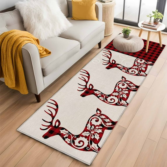 Christmas Elk Kitchen Runner Rug 2x6 Washable Runners for Hallway Non Slip Red Black Checkered Deer Winter Holiday Large Area Rug Indoor Floor Carpet for Bathroom Laundry Entryway Bedroom Living Room