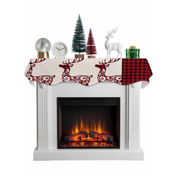Christmas Elk Mantel Scarf Fireplace Decorations for Living Room, Red Black Checkered Deer Winter Holiday Fireplace Mantel Scarf Cover Runner for Halloween/Thanksgiving/Christmas Decor 90"x17"