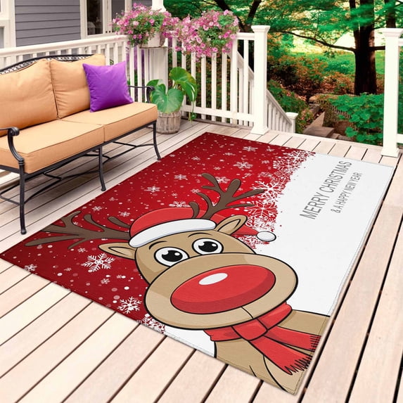 Christmas Elk Outdoor Rug 5x8 Ft, Non Slip Washable Area Rug, Xmas Snowflake Winter Holiday New Years Patio Rugs Carpet Runner, Large Floor Mat for Indoor/Outdoor Deck Porch Camping