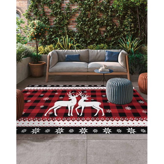 Christmas Elk Outdoor Rug, Winter Red Black Plaid Snowflakes Vintage ...