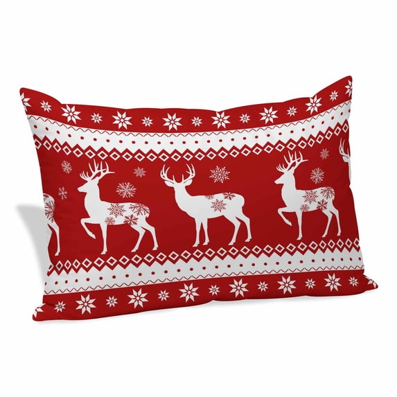 Christmas Elk Pillow Covers, Linen Long Throw Pillow Case, Xmas Snowflakes Vintage Red Geometric Art Holiday Pillow Protector Decorative Cushion Cover for Living Room/Bedroom 20" x 30"