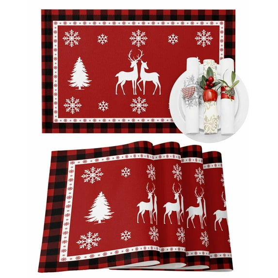 Christmas Elk Placemats Set of 1 Snowflakes Silhouette Buffalo Check Red and Black Heat Insulation Washable Place Mats, Rustic Non-Slip Table Mats for Dining Table Party Kitchen Decor,13x19 Inch
