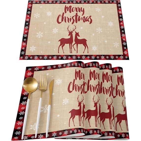 Christmas Elk Placemats Set of 4 for Dining Table, Christmas Reindeer Black Red Buffalo Plaid Durable Washable Non-Slip Heat Insulation Place Mats for Christmas Parties BBQ Winter Holidays