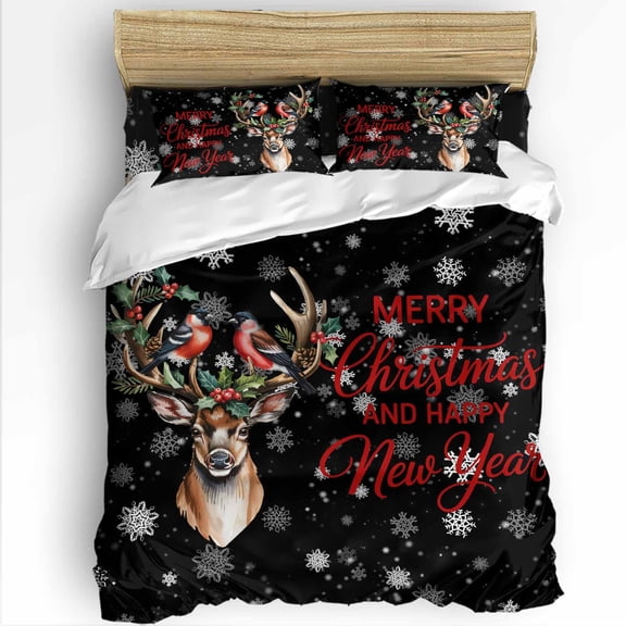 Christmas Elk Queen Size Comforter Set, Rustic Xmas Deer with Bird Leaf Snowflakes Black Bedding for All Seasons, 4 Pcs Bed Set with 1Comforter (90"x92") ,1 Sheet(94"x116"), 2 Pillowcases (19"x29")