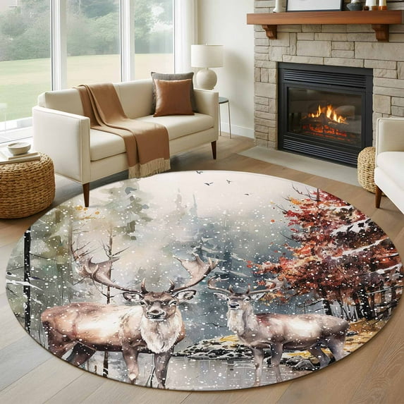 Christmas Elk, Round Area Rug 5 FT, Non Slip Bedroom Area Rug, Forest Winter Snowy Deer Tree Washable Soft Circular Carpet Non-Shedding Floor Mat for Kitchen Dining Room Foyer Balcony Dorm