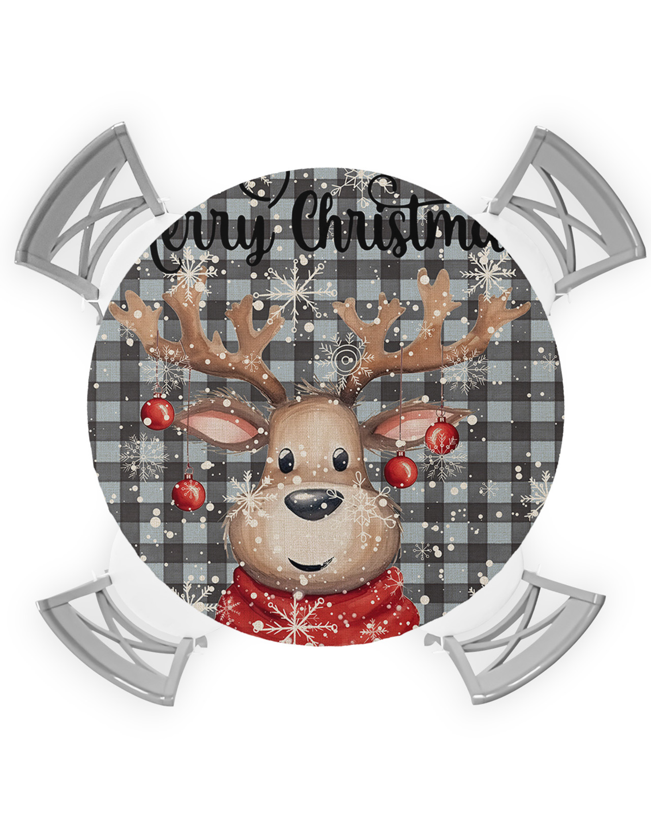 Christmas Elk Round Fitted Tablecloths Table Cover, Blue Black Plaid