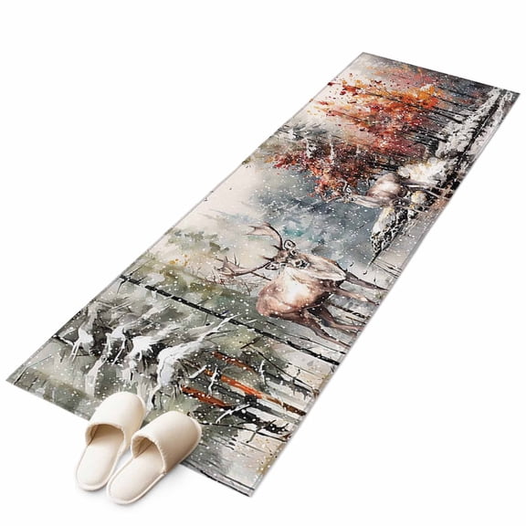 Christmas Elk, Runner Rug 2x6 FT, Non Slip Hallway Carpet, Forest Winter Snowy Deer Tree Washable Soft Floor Carpet Throw Runner Carpet Long Rug for Entryway Kitchen Bedside Sliding Door