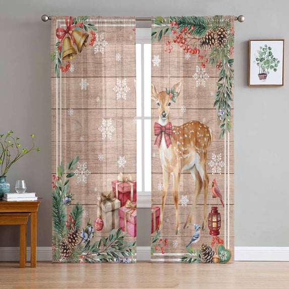 Christmas Elk Sheer Curtains 96 Inches Long, Xmas Pine Cones Gifts Snowflake Vintage Light Filtering Window Curtains for Living Room/Bedroom, Rod Pocket Voile Sheer Drapes, 52"Wx96"L, 2 Panels