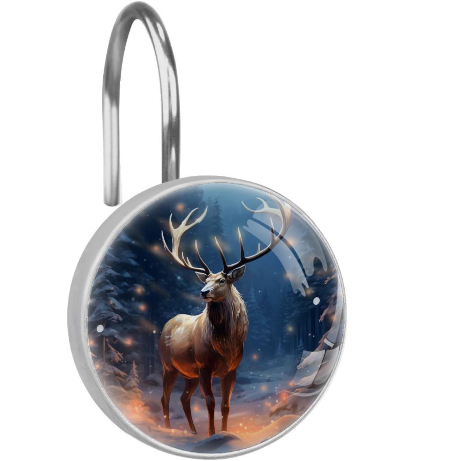 Christmas Elk Shower Curtain Hooks （Set of 12） for Home Hotel Shower Rods Bathroom Crystal Glass Print Stainless Steel Round Curtain Hooks