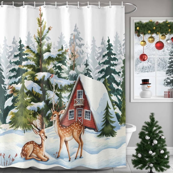 Christmas Elk Shower Curtains for Bathroom, Animal Chalet Pine Tree Forest Winter Snow Scene Waterproof Fabric Shower Curtain for Bathroom Bathtub Decoration, Machine Washable, 60"x72"