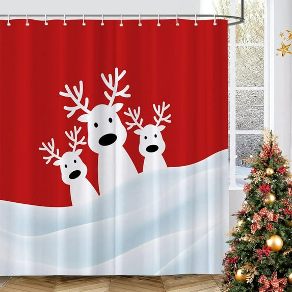Christmas Elk Shower Curtains Cute Christmas Reindeer Red White Bathroom Curtain Farmhouse Winter Holiday New Year Shower Curtain for Bathroom Decor with Hooks 72x72 Inch