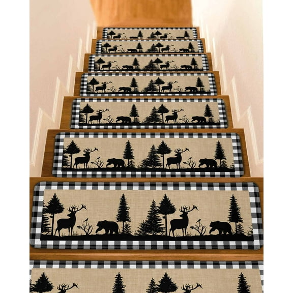 Christmas Elk Stair Treads for Wooden Steps Indoor Runner Rug Carpet, Xmas Tree White Black Buffalo Plaid 4 Pieces Peel and Stick Staircase Step Treads Covers Washable Throw Door Mats, 30"x8"