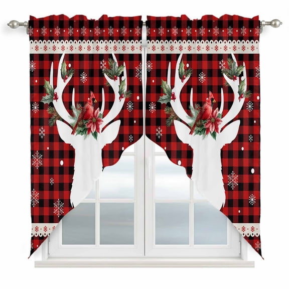 Christmas Elk Swag Valances for Windows, Kitchen Curtains 36 Inch Length 2 Panels Set, Xmas Birds Black Red Checkered Snowflake Short Curtains for Small Windows Rod Pocket Cafe Curtains 28"x36"
