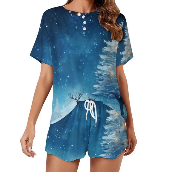 Christmas Elk Theme Print Women'S Pajamas Set Summer Sleepwear Sets 2 Piece Lounge Set