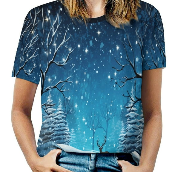 Christmas Elk Theme Women's Short Sleeve Tops Casual Blouses T Shirt