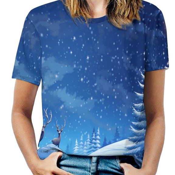 Christmas Elk Theme Womens Tops Women's Fashion Casual Short Sleeve Flower Print Round Neck Pullover Top Blouse