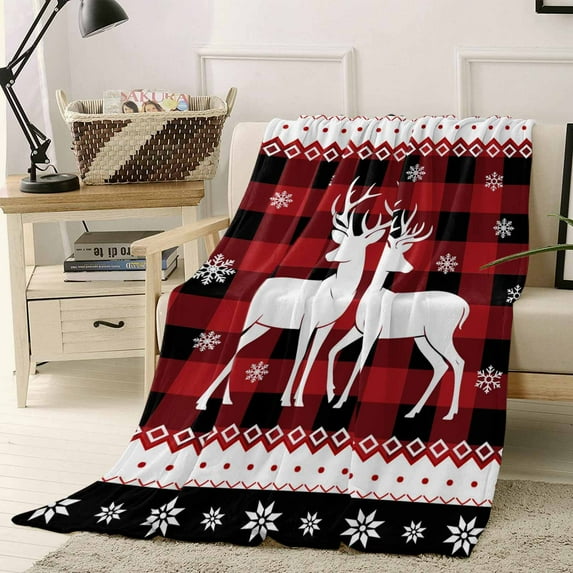 Christmas Elk Throw Flannel Blanket 30x40In Winter Red Black Plaid Snowflakes Vintage Super Soft Cozy Bed Blanket, Lightweight Plush Fuzzy Bed Throw for Bedroom Sofa Couch Living Room