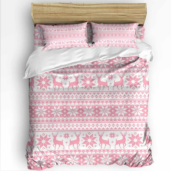 Christmas Elk Twin Size Comforter Set, Snowflakes Pink Retro Texture Soft Bedding for All Seasons, 4 Pcs Bed Set with 1 Comforter (68"x86") ,1Sheet(66"x116"), 2 Pillowcases (19"x29")