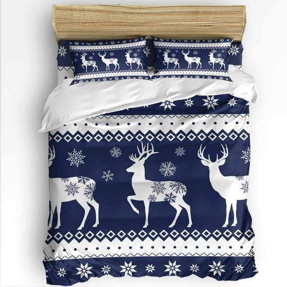 Christmas Elk Twin Size Comforter Set, Winter Deep Blue Snowflakes Vintage Soft Bedding for All Seasons, 4 Pcs Bed Set with 1 Comforter (68"x86") ,1Sheet(66"x116"), 2 Pillowcases (19"x29")