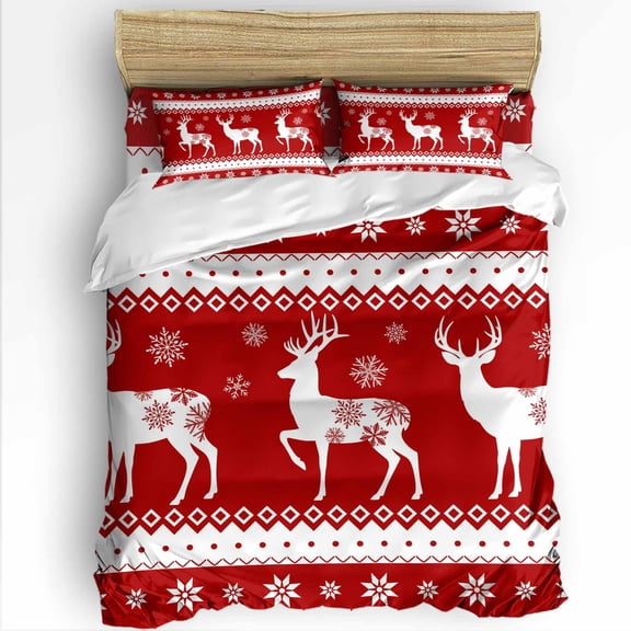 Christmas Elk Twin Size Comforter Set, Winter Red Snowflakes Vintage Texture Soft Bedding for All Seasons, 4 Pcs Bed Set with 1 Comforter (68"x86") ,1Sheet(66"x116"), 2 Pillowcases (19"x29")