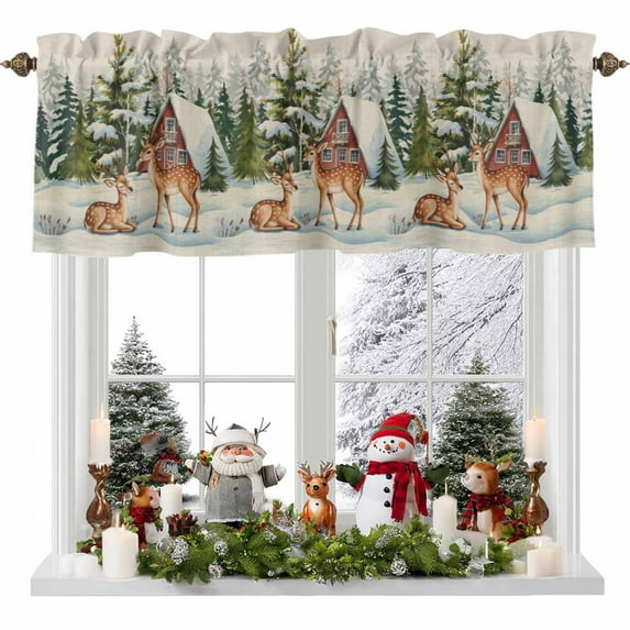 Christmas Elk Valances for Windows, 42 x 18in, Chalet Pine Tree Forest Winter Snow Scene Linen Rod Pocket Kitchen Valance Curtain Light Filtering Window Treatments for Living Room Bedroom, 1 Panel