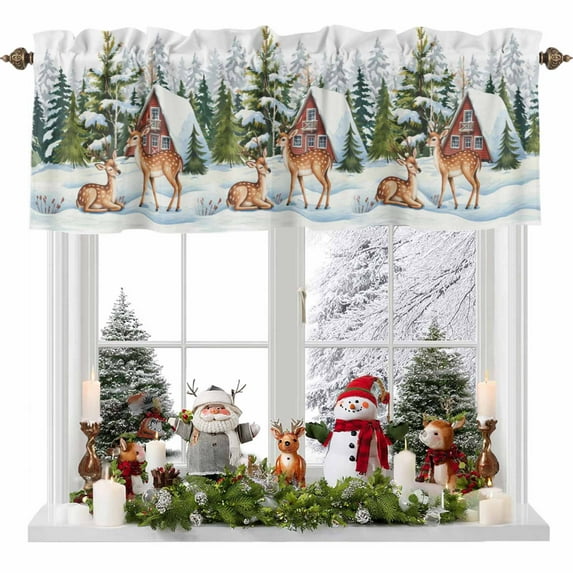 Christmas Elk Valances for Windows, 54 x 18in, Animal Chalet Pine Tree Forest Winter Snow Scene Rod Pocket Kitchen Valance Curtain Light Filtering Window Treatments for Living Room Bedroom, 1 Panel