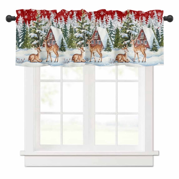 Christmas Elk Valances for Windows Chalet Pine Tree Forest Red Winter Snow Scene Rod Pocket Curtain Valance Window Treatment Short Curtains for Kitchen Living Room, 58"x16"