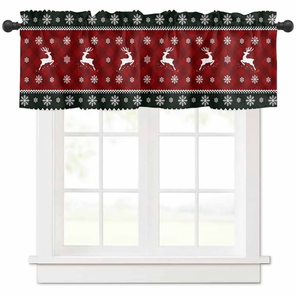 Christmas Elk Valances for Windows, Dreamlike Snowflake Border Light Filtering Window Treatment Valances, Rod Pocket Small Curtains for Kitchen/Bathroom, 56"x16"