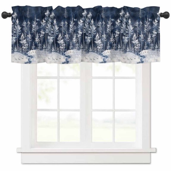 Christmas Elk Valances for Windows, Pine Trees Snow Winter Deep Blue Light Filtering Window Treatment Valances, Rod Pocket Small Curtains for Kitchen/Bathroom, 42"x12"