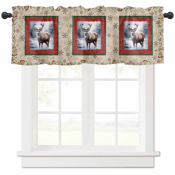 Christmas Elk Valances for Windows, Snowflake Bell Cotton and Linen Light Filtering Window Treatment Valances, Rod Pocket Small Curtains for Kitchen/Bathroom, 60"x18"