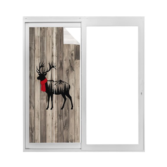Christmas Elk Window Privacy Film Mountain Forest Deer Silhouette Timber Board Decorative Glass Window Film UV Blocking Static Cling Non-Adhesive Sticker Covering for Home Door 17.7 x 39.3 inches