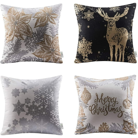 Christmas Series Snowflake and Elk Printed Decorative Series Throw Pillow Covers, Gold and Black, 18" x 18", Set of 4
