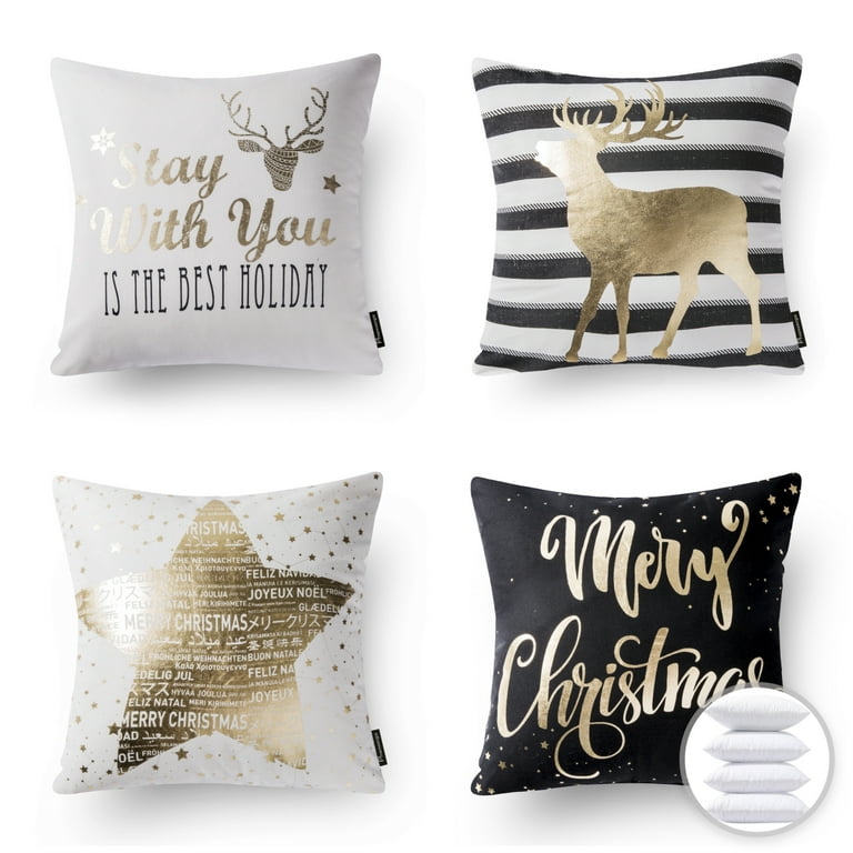 Christmas Elk and Star Printed Decorative Holiday Series Throw Pillow with  inserts, Gold and Black, 18 x 18, Set of 4