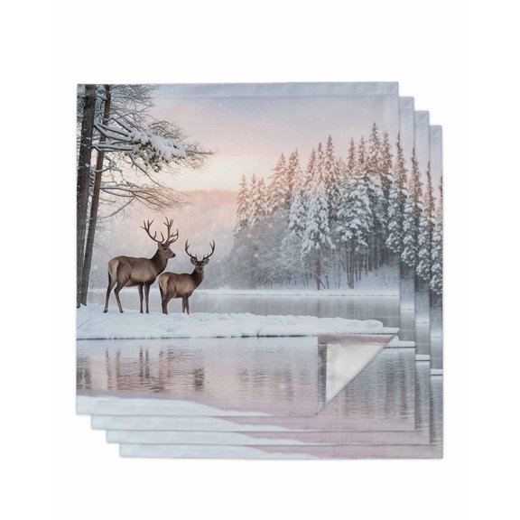 Christmas Elks Cloth Napkins Set of 4 Reusable Dinner Napkins, Winter Snowy Forest Sunset Natural Scenery Cocktail Napkin Washable Table Napkins for Wedding/Holiday Party/Baby Shower 20"x20"