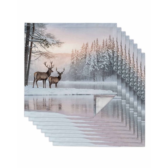 Christmas Elks Cloth Napkins Set of 8 Reusable Dinner Napkins, Winter Snowy Forest Sunset Natural Scenery Cocktail Napkin Washable Table Napkins for Wedding/Holiday Party/Baby Shower 20"x20"