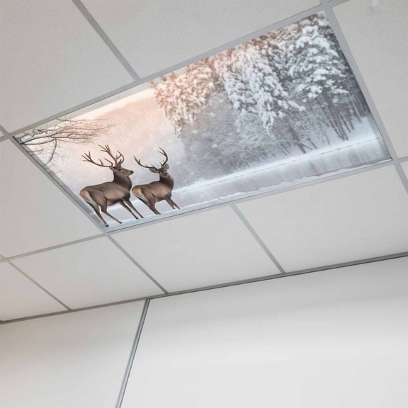 Christmas Elks Fluorescent Light Covers, Winter Snowy Forest Sunset Natural Scenery Magnetic Light Covers for Ceiling Lights, Fluorescent Ceiling Shade for Classroom Bedroom Office 4x2Ft x 1PCS