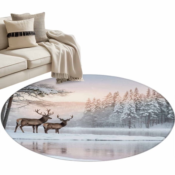 Christmas Elks Round Area Rug 4ft, Winter Snowy Forest Sunset Natural Scenery Washable Non-Slip Circle Rugs for Bedroom Living Room Kitchen, Soft Non Shedding Circle Carpet for Dining Room Dorm