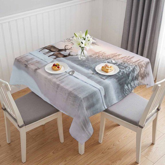 Christmas Elks Table Cloth Waterproof Tablecloths, Winter Snowy Forest Sunset Natural Scenery Tablecloth Dining Table Cover for Kitchen Party Tabletop Outdoor, Square Tablecloth 60x60 Inch