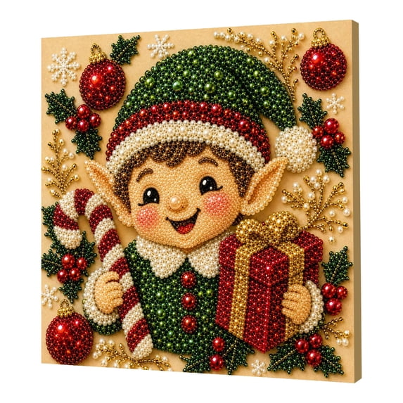 Christmas Elves Diamond Art Kit, Framed 3D Pearl Painting for Adults, 20x20cm Cute Holiday Wall Art with Beads, Complete Craft Set for Home Decor, Relaxation & Gift