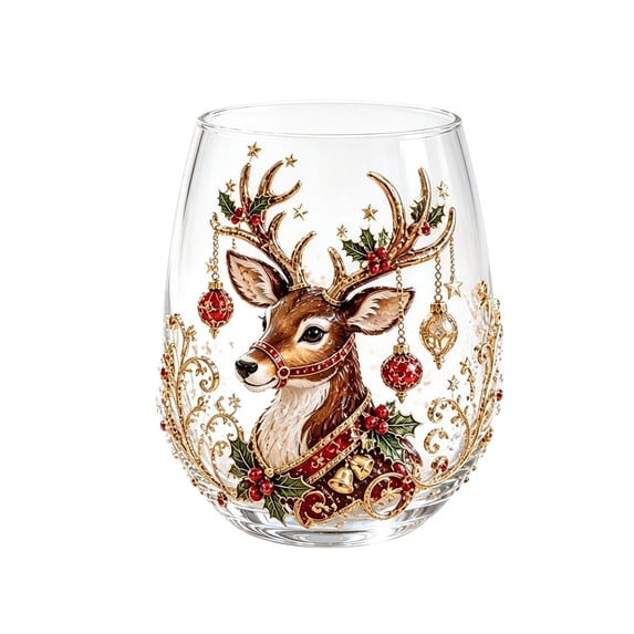 Christmas Embossed Stemless Wine Glasses with Santa Snowman Reindeer Prints, Clear Decorative Glassware for Cocktail Coffee Cocoa Tabletop Decor