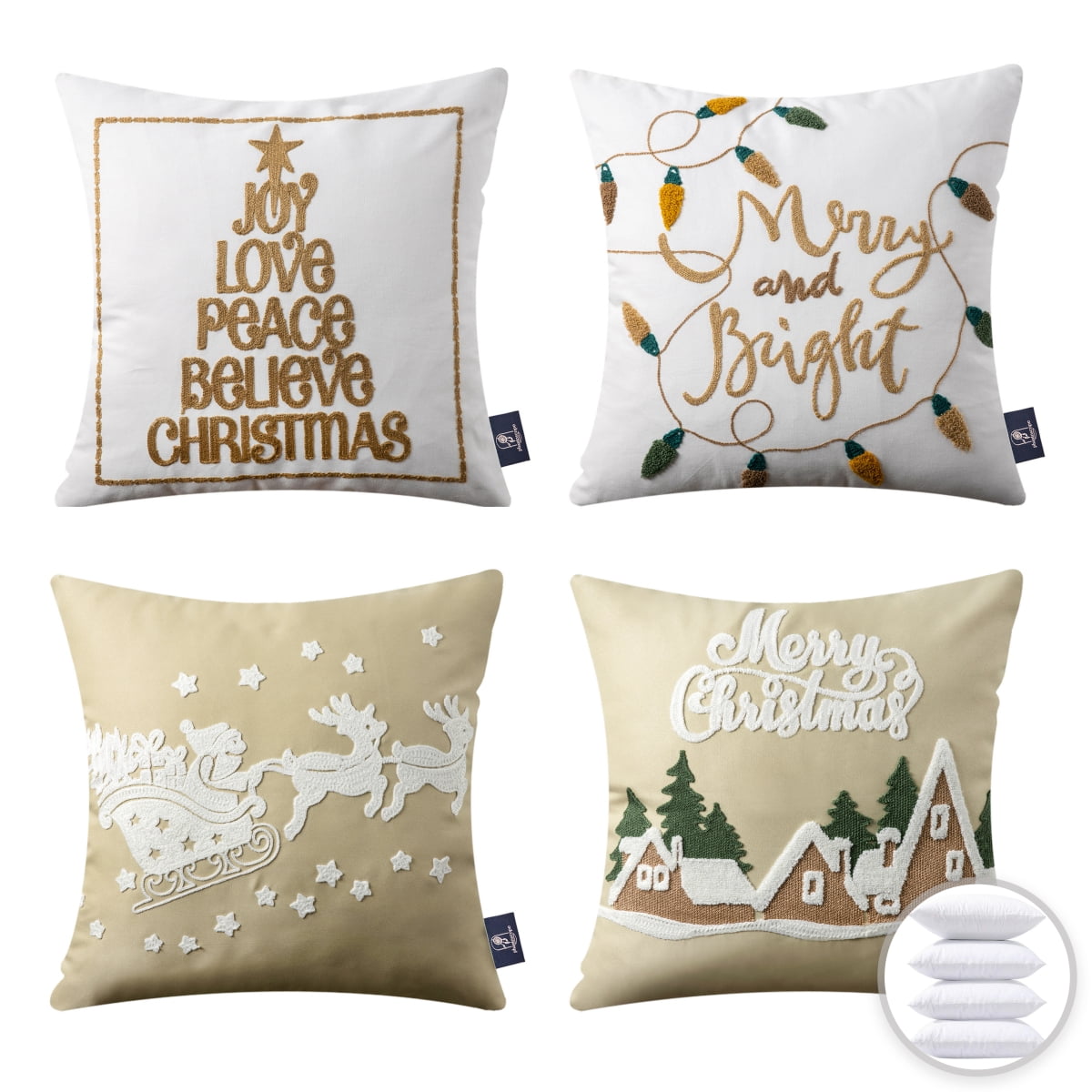 Christmas Embroidered Decorative Holiday Series Throw Pillow with inserts, Beige, 18" x 18", Set of 4