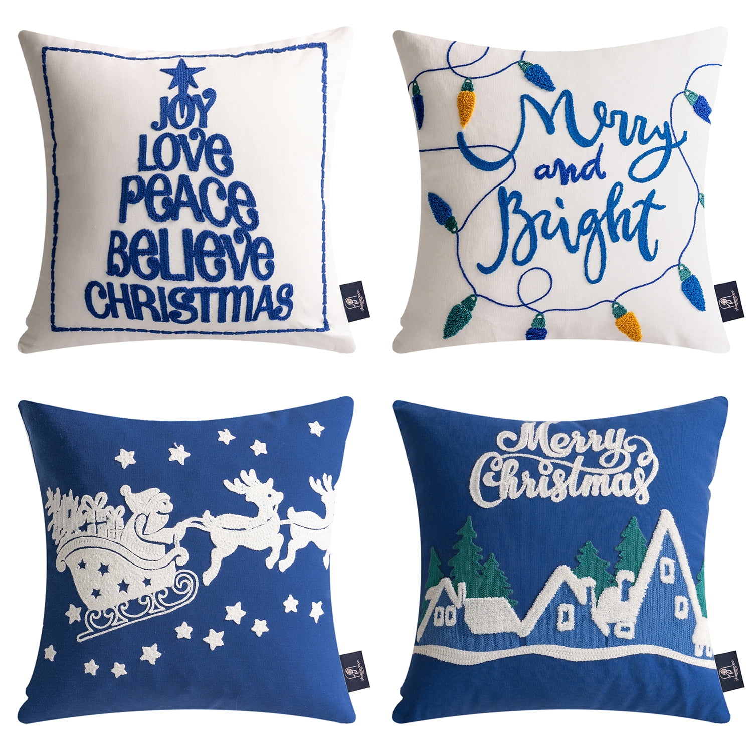 Christmas Embroidered Decorative Pillow Covers, Holiday Series Throw Pillow, Navy, 18" x 18", Set of 4
