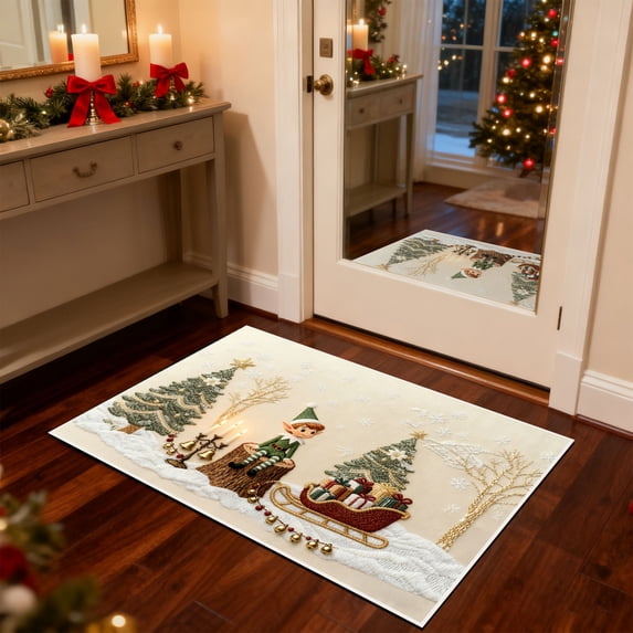Christmas Embroidered Door Mat 15.7"x23.6", Non-Slip Absorbent Floor Rug for Entryway, Bathroom, Kitchen, Dirtproof Holiday Mat, Multicolor Polyester