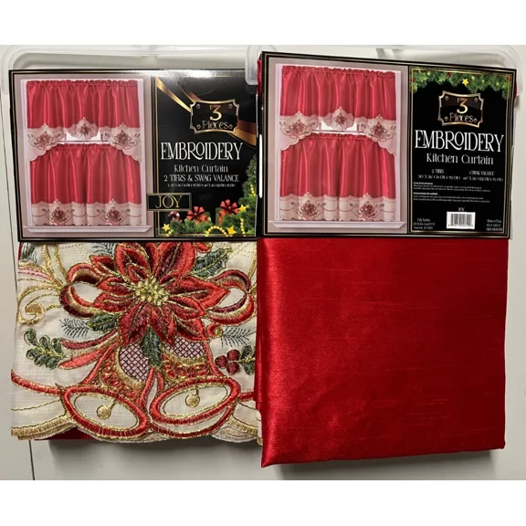 Christmas Embroidered Kitchen Curtain Set, Includes 2, 36" Long Tier Curtains and 1 Swag Top, Joy Red