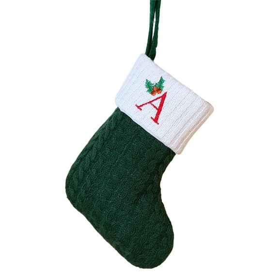 A Christmas Embroidered Letter Sock, Green Knit Stocking With Tree Ornament, Festive Hanging Decor For Fireplace, Gift Stuffing, Holiday Party Decoration