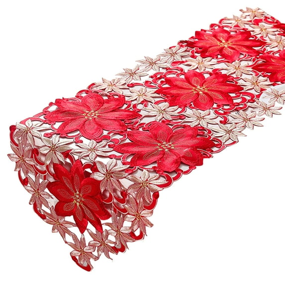 Christmas Embroidered Long Table Runner, 68.5" x 13.78" Fabric Embroidered Applique Velvet Flower for Dinning Coffee Table Home Xmas Holiday Party Decor (Red)