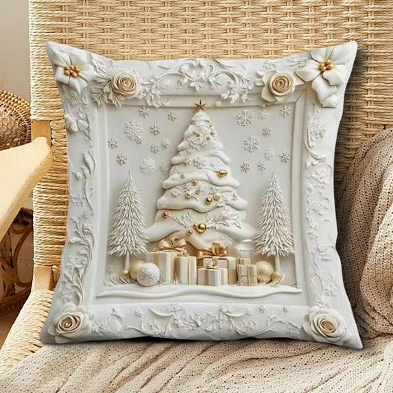 Christmas Embroidered Pillow Cover, Cozy Xmas Tree Knit Couch Sofa Cushion Cover, Rustic Pillowcase with Gifts Box and Redberry Holly, Winter Farmhouse Couch Decor Cushion Case, Bedside Pillowcase